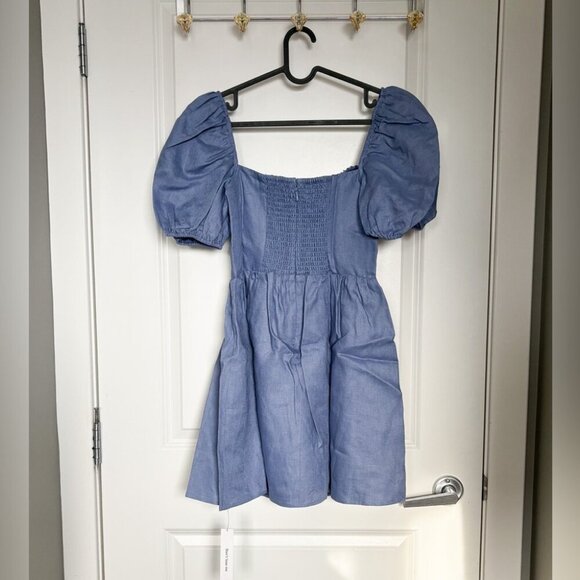 NEW NWT Reformation Malvina Linen Puff Sleeve Viola Mini Dress Blue Size 10 - Picture 6 of 9